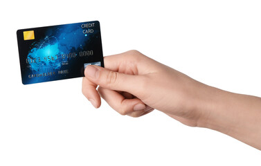 Woman holding credit card on white background, closeup