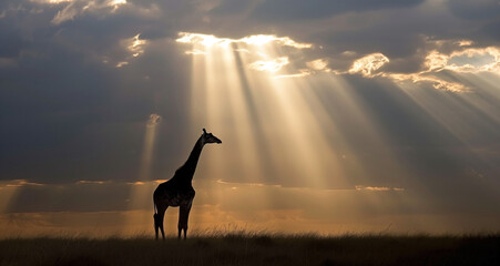 Giraffe Silhouette at Sunset with Dramatic Sun Rays in the Savanna
