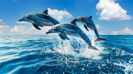 Fototapeta premium Playful dolphins are leaping and jumping out of the water in a blue ocean