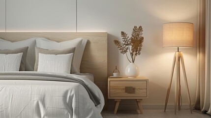 Elegant Bedroom Decor - White bed with grey linens, a light wooden nightstand, and a modern lamp with a fabric shade