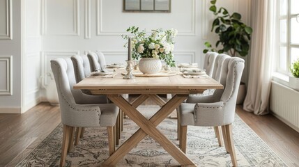 Elegant Dining Room - White dining table with light wood legs, grey upholstered chairs, and a simple centerpiece of fresh flowers