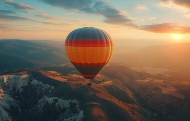 Obraz premium Hot Air Balloon Soaring Over Rolling Hills at Sunrise, Capturing the Beauty of Adventure and Scenic Landscapes