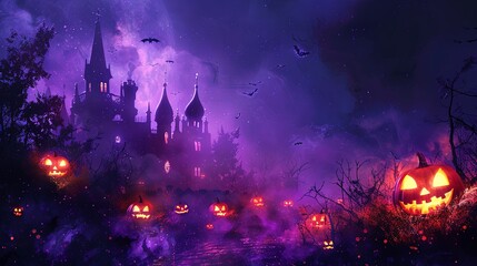 Surrounded by swirling purple mist, a haunting mansion in the forest creates a spooky and surreal atmosphere teeming with jack-o'-lanterns and flying bats.