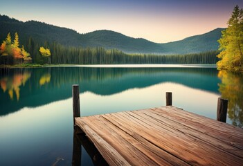 Obraz premium serene lake rustic dock extending into calm nature landscape, waterside, tranquil, peaceful, scenic, picturesque, beautiful, view, wooden, pier, rural