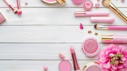 Fototapeta premium Accessories and cosmetics for women in pink and gold on a white wooden backdrop