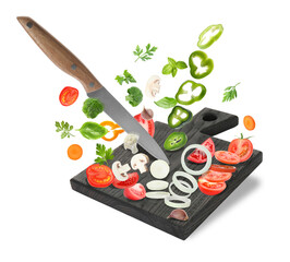 Knife, board and cut vegetables in air against white background
