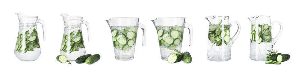 Glass jugs with refreshing cucumber drink isolated on white, set