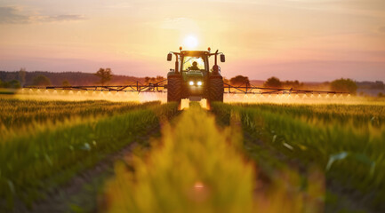 Fototapeta premium A red tractor is spraying a field of green plants