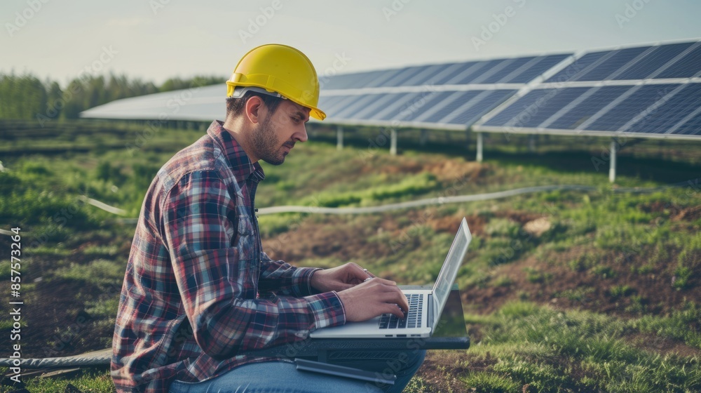 Poster skilled engineer working and analyze data by using laptop at solar cell. professional technician and