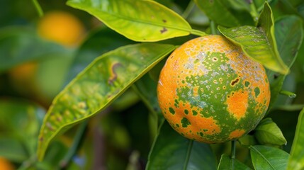 Ripe citrus fruit with disease spots on a tree, showcasing challenges in cultivation and need for proper care in agriculture.