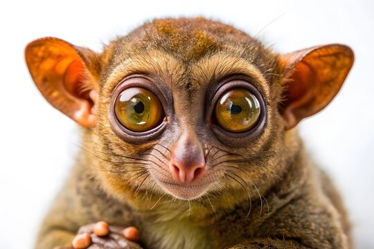 Portrait Of A Cute And Curious Tarsier With Big Eyes Looking At The Camera With A White Background