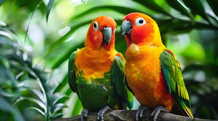 Fototapeta premium Two colorful parrots resting on a branch, surrounded by a rainforest