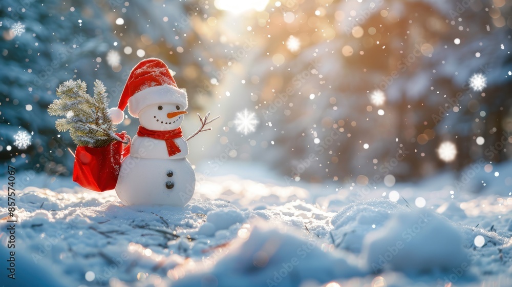 Poster a snowman with a red scarf and a red hat is standing in the snow. generate ai image