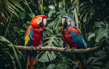 Obraz premium Two colorful parrots resting on a branch, surrounded by a rainforest