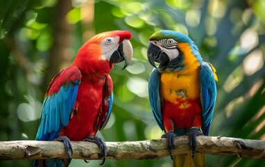 Two colorful parrots resting on a branch, surrounded by a rainforest