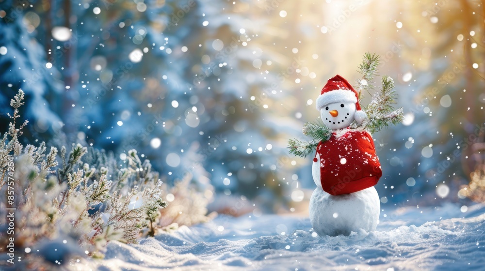 Poster a snowman with a red scarf and a red hat is standing in the snow. generate ai image