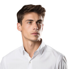 Fototapeta premium Portrait of European model man wearing white shirt, short hair, take from side view, isolated on transparent background