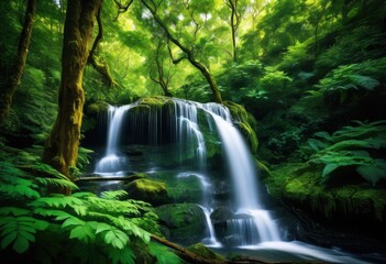 majestic waterfall cascading through lush forest canopy, dense, nature, scenery, environment, outdoor, wilderness, green, foliage, trees, plants, vegetation