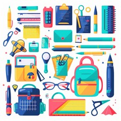 Back to school supplies, school element, flat design, bright colors, isolated on white background 