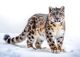 Obraz premium A Snow Leopard Stands Tall And Proud In The Snow, Its Piercing Blue Eyes Scanning The Horizon.
