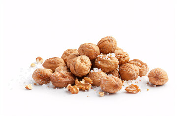A pile of walnuts with shells and pieces of nuts on a white background.