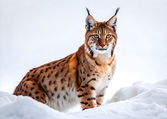 Naklejka premium A Lynx Sits On A Snowy Hilltop, Looking Out Over The Winter Landscape.