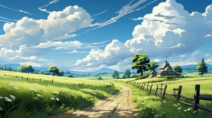 Fototapeta premium A serene paper depiction of a rural country road, with paper fields of crops, paper farmhouses, and paper animals grazing, showcasing the simplicity and beauty of rural life. Illustration, Minimalism,