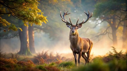 Majestic stag standing gracefully in a misty woods , wildlife, nature, beauty, tranquil, foggy, mystical, enchanting, autumn
