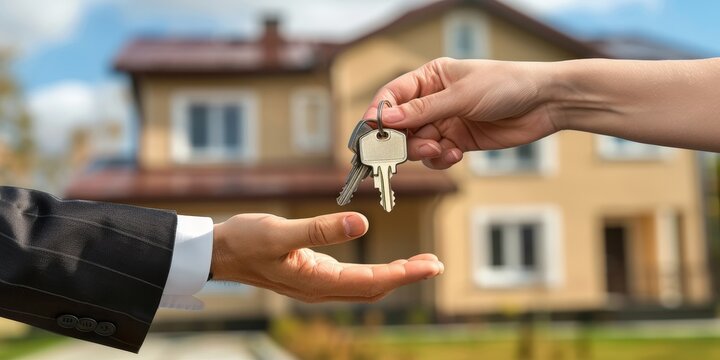 Photo of the hands of two people exchanging a set of house keys with a home in the background.  Real estate themed