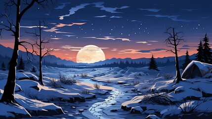 A snowy forest at twilight, with snow-laden branches and a deep, serene silence, creating a magical and otherworldly winter wonderland. Illustration, Minimalism,