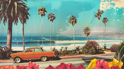 Vintage car parked by a beach with palm trees and flowers. Retro beach scene with vibrant colors. California image.