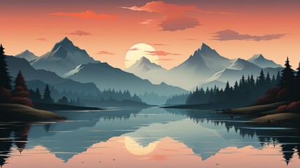 A peaceful mountain lake at sunrise, with mist rising from the water and the surrounding peaks reflected in the calm, clear surface. Illustration, Minimalism,
