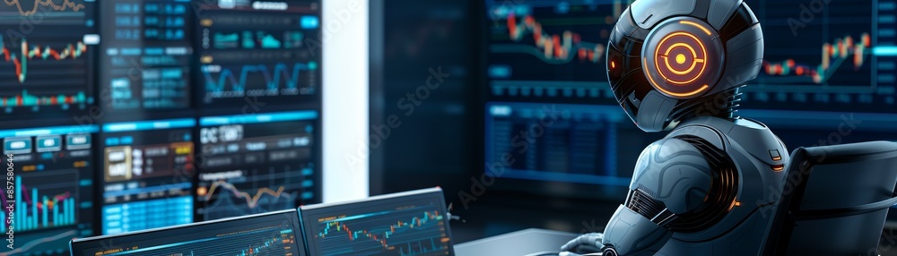 Poster futuristic robot analyzing stock market data on multiple monitors, representing ai in finance and te