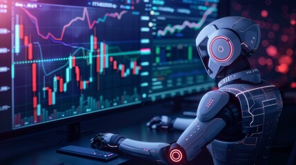Fototapeta premium Futuristic robot analyzing stock market data on multiple computer screens, representing advanced AI technology in financial trading.