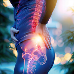 Illustration of a person with highlighted spinal and hip pain, depicting musculoskeletal discomfort...