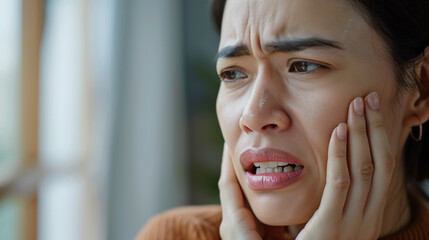 Close-up of a woman experiencing severe toothache, holding her jaw in pain.