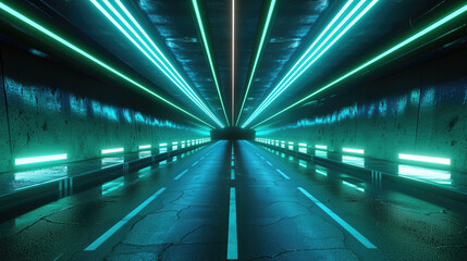 Obraz premium 3D render of a futuristic tunnel with neon blue lights illuminating the road.
