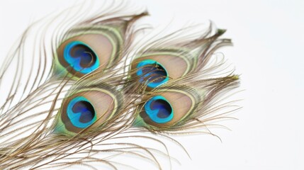 Obraz premium Close up of peacock feathers on a soft white backdrop Festive carnival banner