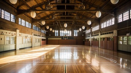Empty Vintage Basketball Court with Wooden Flooring Generative AI