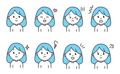 シンプルな女性の表情セット_水色