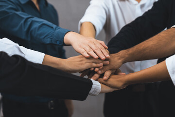 Group of diverse office worker join hand together in office room symbolize business synergy and...