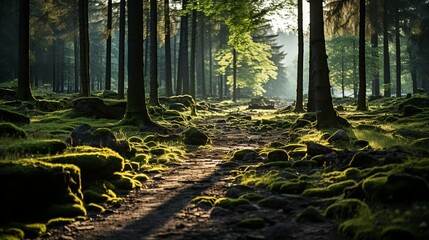 A peaceful forest clearing with a carpet of moss and ferns, bathed in the gentle, diffused light filtering through the canopy above. Illustration, Minimalism,