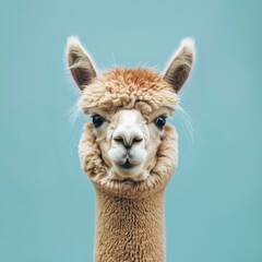 Fototapeta premium Curious alpaca posing for the camera against a serene light blue background in the countryside