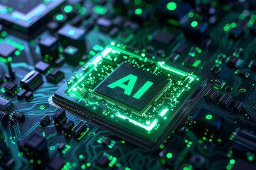 Artificial Intelligence Computer Chip Semiconductor, Green AI Machine Learning Hardware Concept