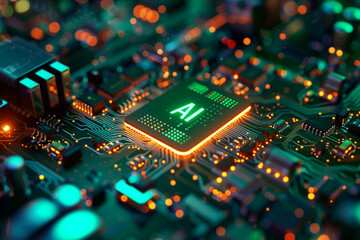 Artificial Intelligence Computer Chip Semiconductor, Green AI Machine Learning Hardware Concept