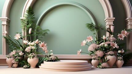 A pastel mint podium, adorned with delicate morning glories and a light mist, creating a dreamy and serene ambiance. Illustration, Minimalism,