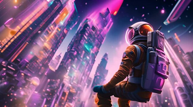 A psychedelic sketch astronaut in the city, with neon colors swirling around