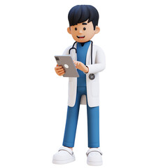 3D Doctor Character Working with a Tablet. Suitable for Medical content