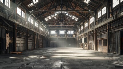Fototapeta premium Abandoned Industrial Warehouse with Sunlight, Generative AI
