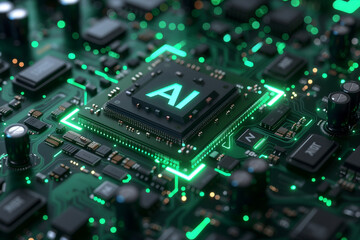 Fototapeta premium Artificial Intelligence Computer Chip Semiconductor, Green AI Machine Learning Hardware Concept